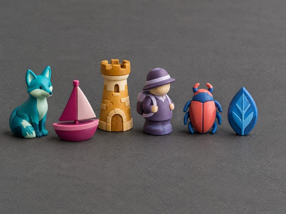 Zes gestileerde speelfiguren in kleur op een rij: een vos, een zeilbootje, een kasteeltoren, een wandelaar met rugzak, een kever en een blad.