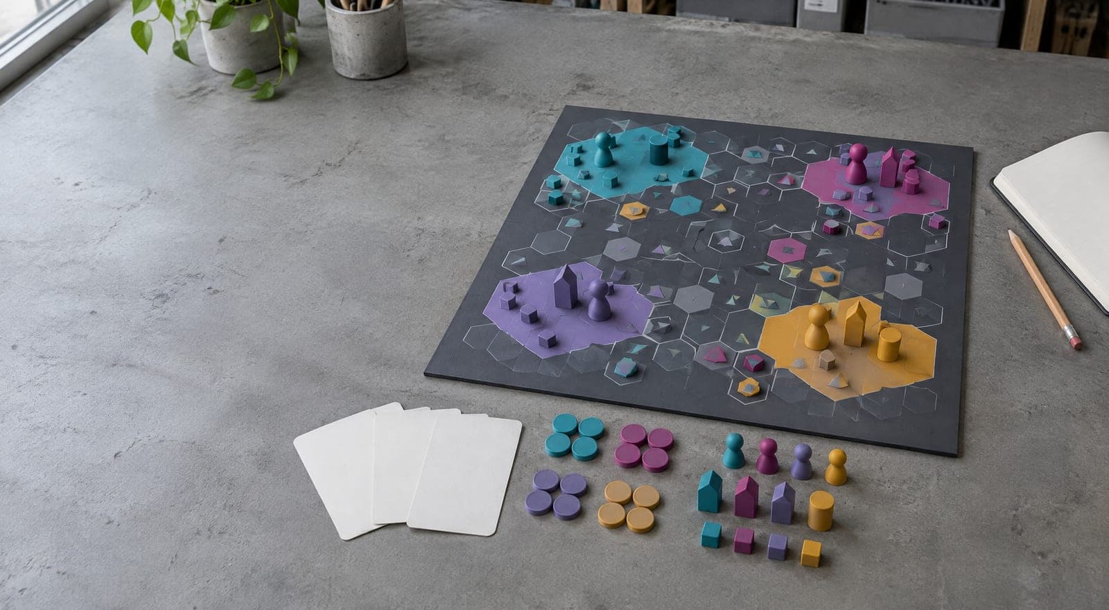 Een bordspelprototype op tafel: een donker speelbord met zeshoekig raster en vier gekleurde startgebieden, met pionnen, huisjes, fiches en blanco kaarten ernaast.