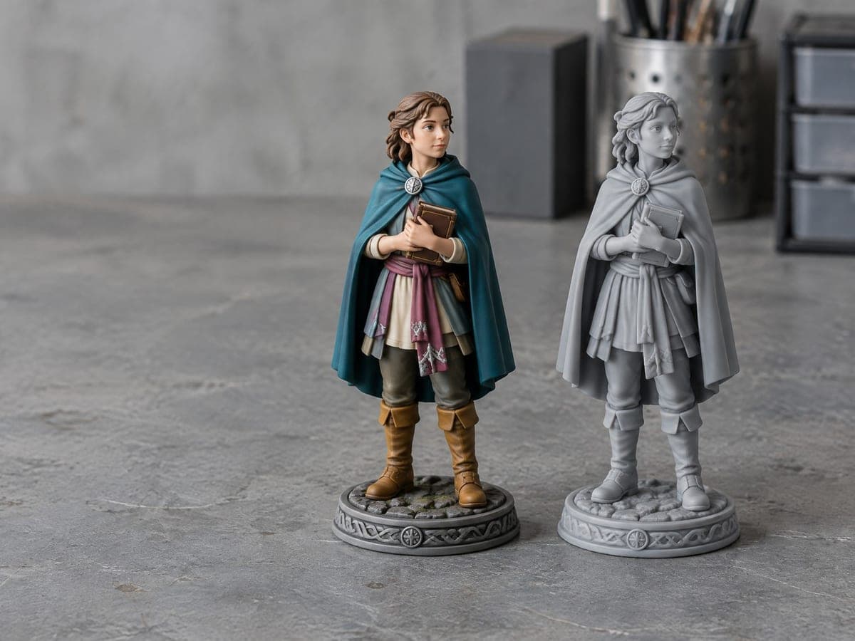 Twee dezelfde figuren naast elkaar: links in kleur, met een blauwgroene cape, een crème tuniek en een boek in de arm; rechts dezelfde figuur ongekleurd grijs.