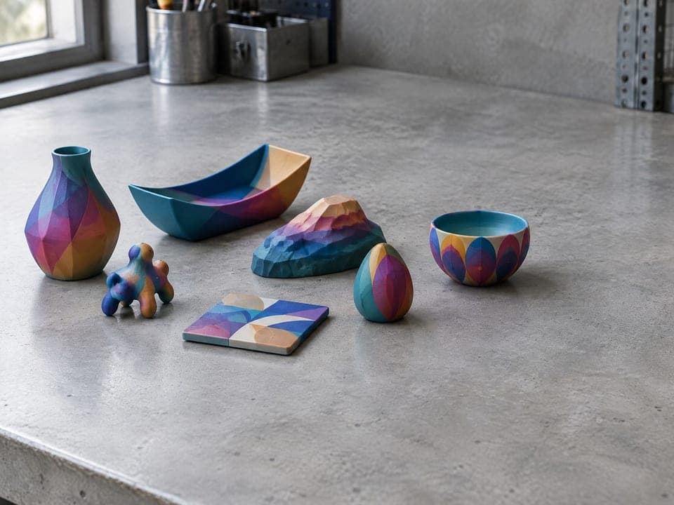 Zeven decoratieve objecten met kleurvlakken en verlopen in blauw, paars, magenta en oranje: een vaas, een schaal, een kom, een onderzetter en kleine vormen.