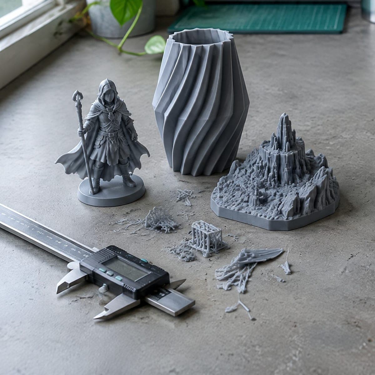 Drie grijze 3D-prints op een betonnen werkblad: een figuur met mantel en staf, een vaas met gedraaide ribbels en een terreinstuk met een burcht op een rots, met afgeknipte supports en een schuifmaat ervoor.