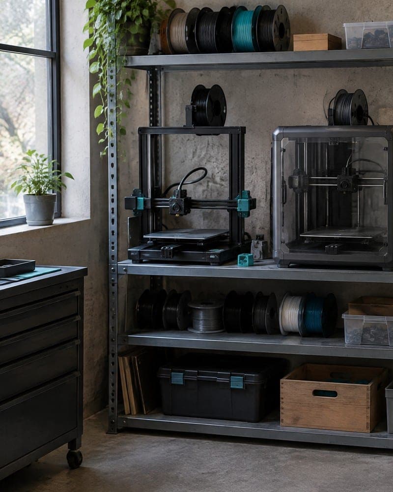 Een werkplaats met een stellingkast waarop twee 3D-printers staan, met spoelen filament en opbergboxen eromheen.