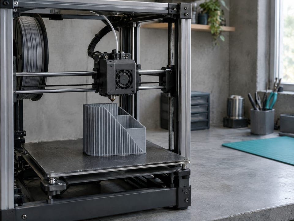 Een FDM-printer met open frame, halverwege het printen van een grijze bureau-organizer met ribbels.