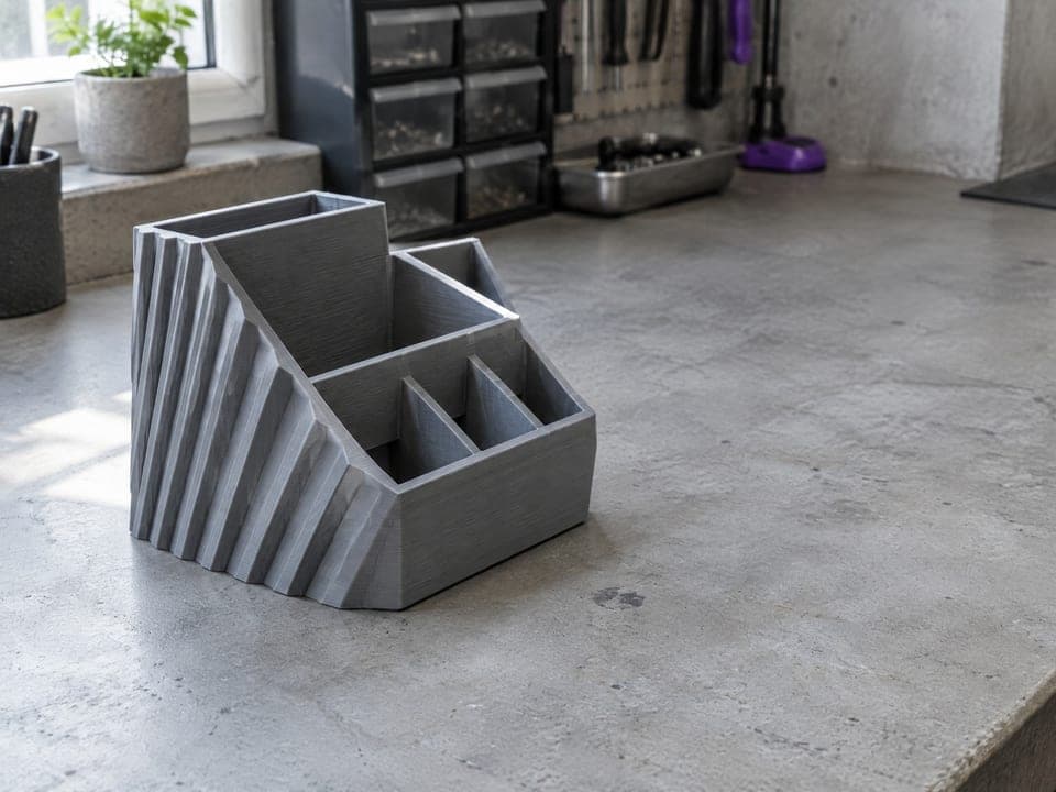 Een afgewerkte grijze FDM-print van een bureau-organizer met oplopende vakken; de laaglijnen zijn zichtbaar.