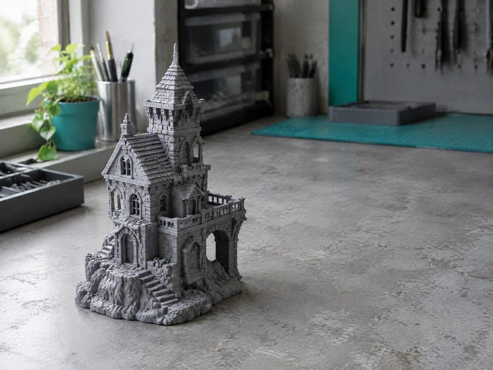 Een afgewerkte grijze resinprint van een torenhuis op een rots, met dakpannen, balkon en trappen.