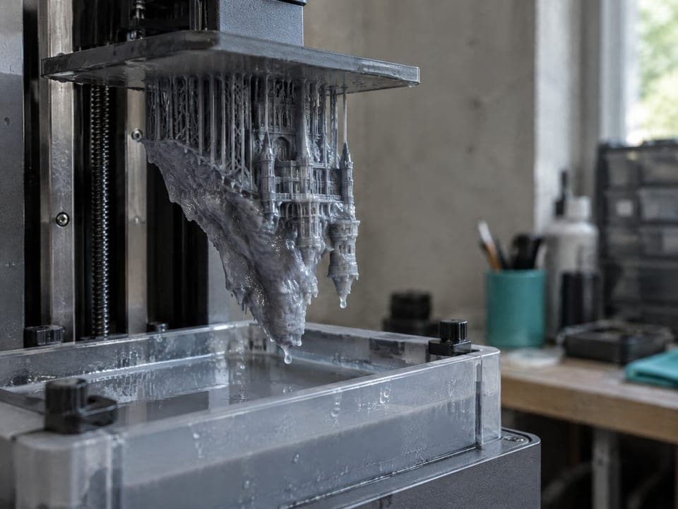 Een resinprinter waarvan het bouwplatform omhoog is gekomen; eraan hangt ondersteboven een grijs geprint kasteel op supports.