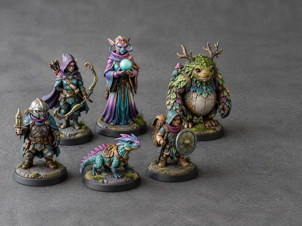 Zes fantasy-miniaturen in kleur op ronde voetjes: een gehelmde krijger, een boogschutter, een magiër met een lichtgevende bol, een bosgeest met gewei, een kleine draak en een kobold met schild.