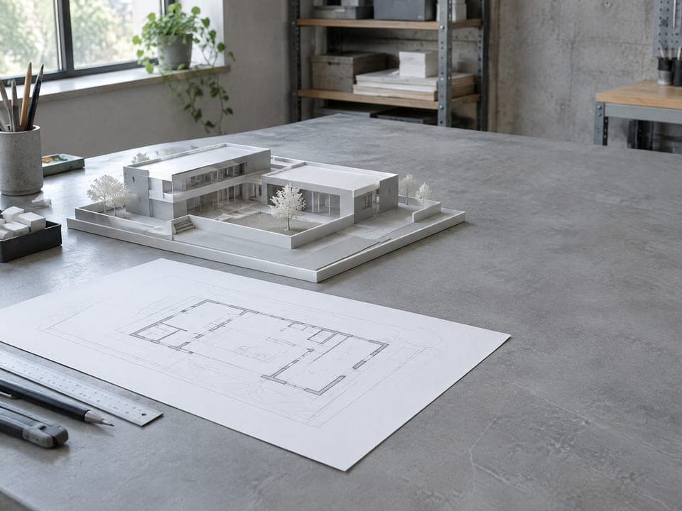 Een witte maquette van een moderne laagbouwvilla met platte daken, op een tafel naast een plattegrondtekening, een liniaal en een potlood.